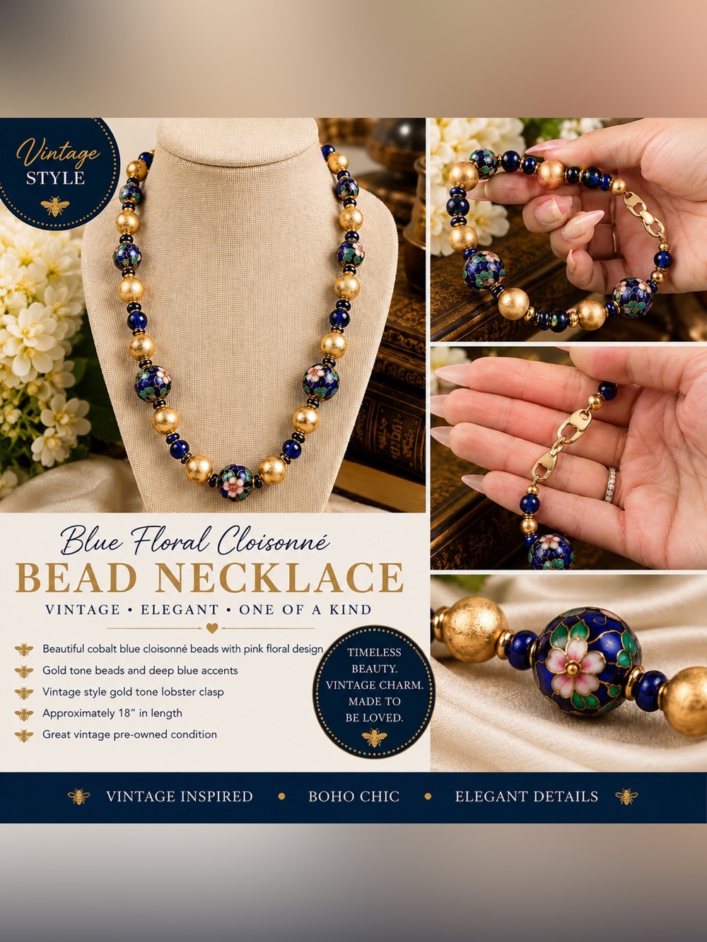 Vintage Style Blue Cloisonné Floral Bead Necklace Gold Tone Statement Jewelry